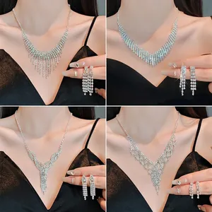 Parure de Bijoux Collier et Boucles d'Oreilles en Alliage Strass à Franges pour Mariage Fête Femme Bijoux Géométriques Minimalistes
