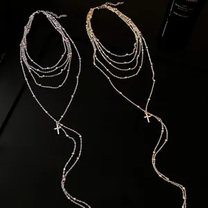 Vintage Multi Layer Chain Cross Pendant Necklace For Women Zirconia Inlaid Gold Silver Plated Neck Jewelry Accessories Gift