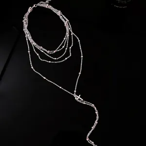 Elegant silver multi-layer chain necklace featuring a sparkling zircon cross pendant for women