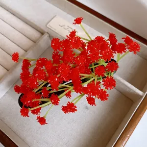 Close-up detail of a vibrant red floral cluster hair clip inside a jewelry box organizer