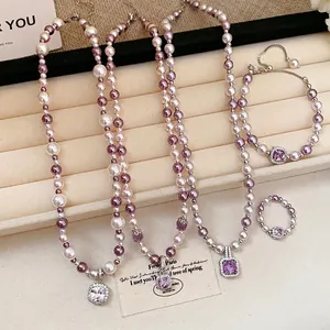 Elegant French pearl and square zircon necklace bracelet and ring set fashion jewelry