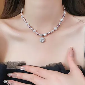 Elegant French style pearl necklace with square zircon pendant choker for women