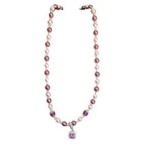 Elegant French style pearl necklace with a sparkling purple square zircon pendant