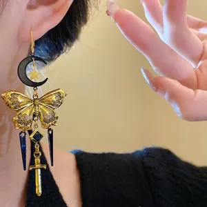 Vintage gold butterfly and black moon earrings with sword tassel for women, elegant jewelry