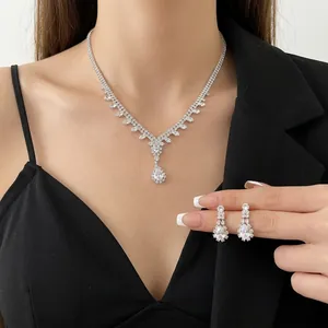 French Luxury Waterdrop Zirconia Necklace And Earrings Elegant Silver Plated Teardrop Pendant Jewelry For Women Wedding Party Gift