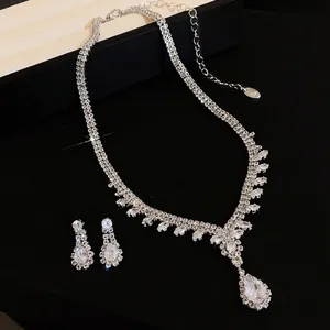 French style light luxury teardrop zircon necklace and earring jewelry set for women