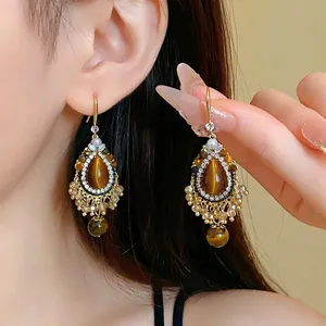 Retro Ethnic Maillard Faux Tiger Eye Zirconia Water Drop Drop Earrings Copper Tassel Earrings Unique Women Jewelry