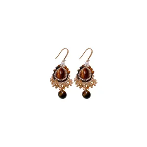 Vintage ethnic hook earrings with faux tiger eye stone and teardrop zircon accents