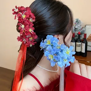 Horquilla para el Cabello de Estilo Chino Flor de Tela con Borla de Cinta de Seda Pasador Floral para Mujer Boda