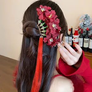 Elegante horquilla de flores de tela roja con borla de cinta para estilo chino Hanfu