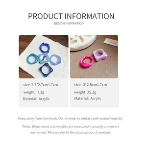 Detail view of irregular marbled acrylic geometric rings with size and weight info