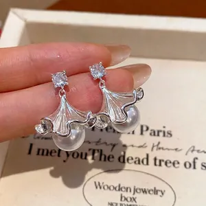 Ginkgo Leaf Artificial Pearl Zirconia Stud Earrings With 925 Sterling Silver Earring Post For Women Elegant Jewelry