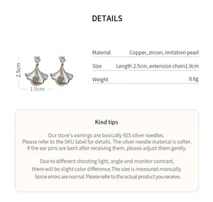 Detailed specifications for silver ginkgo leaf earrings with imitation pearls and zircons