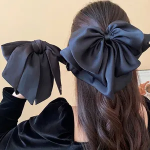 Korean Minimalist Fabric Bow Hair Claw Large Black Satin Shark Clip For Women Thick Hair Elegant Handmade Hair Accessory