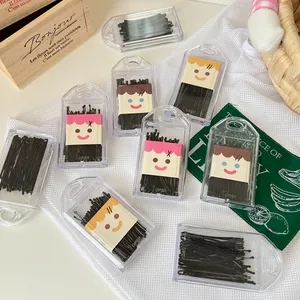 Set of basic black bobby pins stored in cute cartoon pattern transparent plastic cases