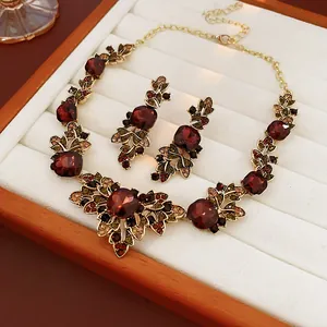 Detailed view of vintage rhinestone floral necklace and earrings set in jewelry display box
