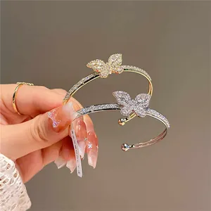 Luxury Butterfly Zirconia Open Bangle Copper Real Gold Plated Double Layer Adjustable Bracelet For Women Party Fashion Jewelry