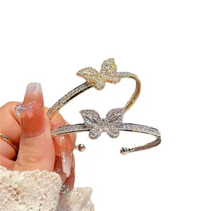 Elegant butterfly zircon open cuff bracelet set in gold and silver finish plating