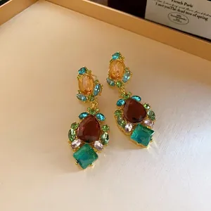 Elegant vintage royal style drop earrings featuring colorful multi-shape spliced gemstones