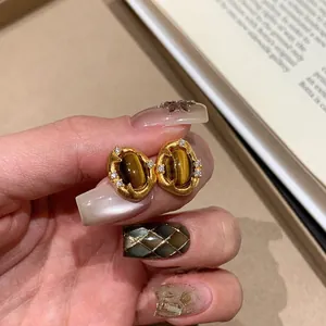 Vintage Maillard Brown Tiger Eye Style Stud Earrings Real Gold Plated Alloy Oval Rhinestone Earrings For Women With 925 Sterling Silver Post