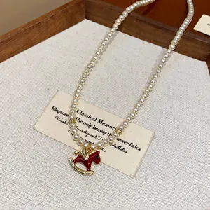Elegant French style red enamel rocking horse pearl necklace for women fashion jewelry