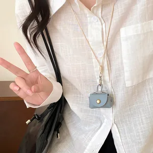 Mini leather coin purse necklace pendant in blue for women's dopamine style fashion