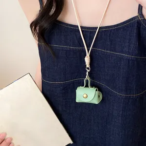 Cute mini green leather coin purse necklace with long lanyard, stylish pendant accessory for women