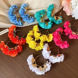 Fabric Chiffon Flower C-Shape Stud Earrings With Silver Post Gold Metal Boho Resort Style Floral Ear Jewelry For Women Beach Accessory