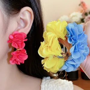 Elegant multi-color chiffon flower C-shaped earrings for a stylish beach resort look