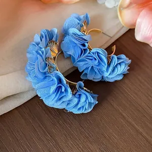 Elegant light blue chiffon fabric flower C-shaped hoop earrings for summer beach vacation