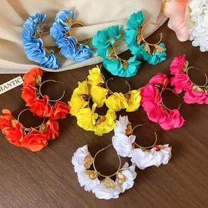 Vibrant chiffon flower C-shaped hoop earrings in various colors for beach vacation