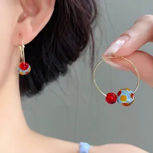 Summer Chic Colorful Resin Bead Hoop Earrings With Silver Earring Post For Women Gold Red Blue Polka Dot Fashion Jewelry