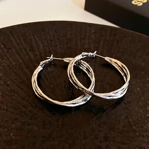 Detailed view of silver-tone twisted geometric hoop earrings with a minimalist design.