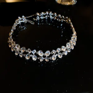 Elegant French luxury double-row zircon choker necklace with sparkling clear butterfly stones