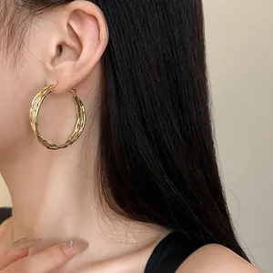 Close-up of elegant gold-tone twisted hoop earrings worn by a model for a stylish look