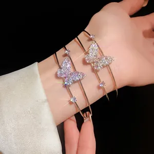 Korean Style Double Layer Open Butterfly Bangle Zirconia Inlaid Copper Gold Silver Plated Elegant Jewelry For Women