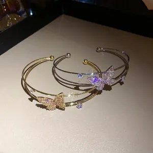 Exquisite double-layer open bracelet featuring a sparkling zircon butterfly design
