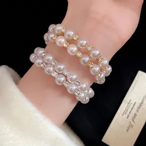 French Vintage Double Layer Artificial Pearl Beaded Open Bangle For Women Rhinestone Inlaid Gold Silver Alloy Jewelry Bracelet