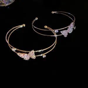 Sparkling zircon butterfly double-layered open cuff bangle in gold and silver finish