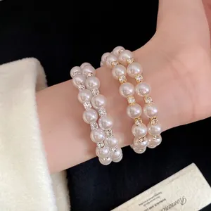 Elegant double-layered pearl bracelet with rhinestones in vintage French style