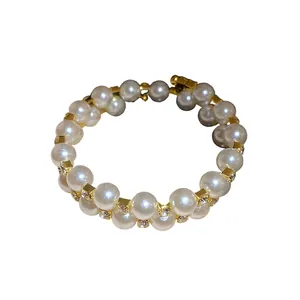 Elegant double-layered pearl cuff bracelet with rhinestones in vintage French style