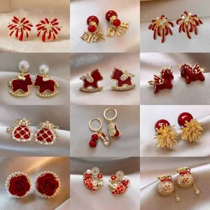 New Chinese Style Pony Stud Earrings With Artificial Pearl Rhinestone For Women Year Of Birth Red Gold Jewelry Retro Alloy Earrings