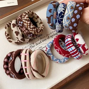 Set of colorful Korean style fabric printed elastic hair ties in various patterns