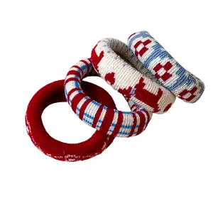 Four-piece set of Korean style printed elastic hair ties with red and blue patterns
