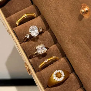 New Chinese Style Brushed Bamboo Knot Zirconia Open Ring Vintage Gold Plated Copper Finger Ring For Women Jewelry Gift