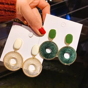Vintage Bohemian Enamel Alloy Geometric Drop Earrings Woven Circular Statement Earrings With 925 Sterling Silver Earring Post For Women