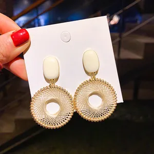 Vintage bohemian cream woven circular earrings with elegant drop oil oval studs