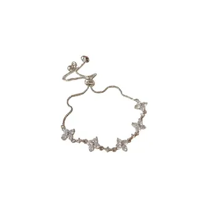 Sparkling silver cubic zirconia flower adjustable bolo bracelet for women fashion