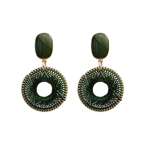 Handmade dark green woven hoop earrings with glossy resin oval stud for women fashion