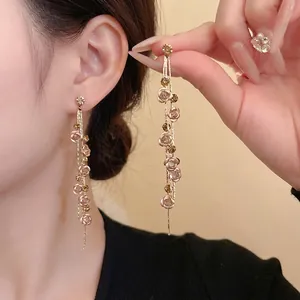 Alloy Rose Flower Tassel Earrings Rhinestone Long Dangle Earrings Korean Sweet Vintage Style Steel Silver Post Jewelry For Women